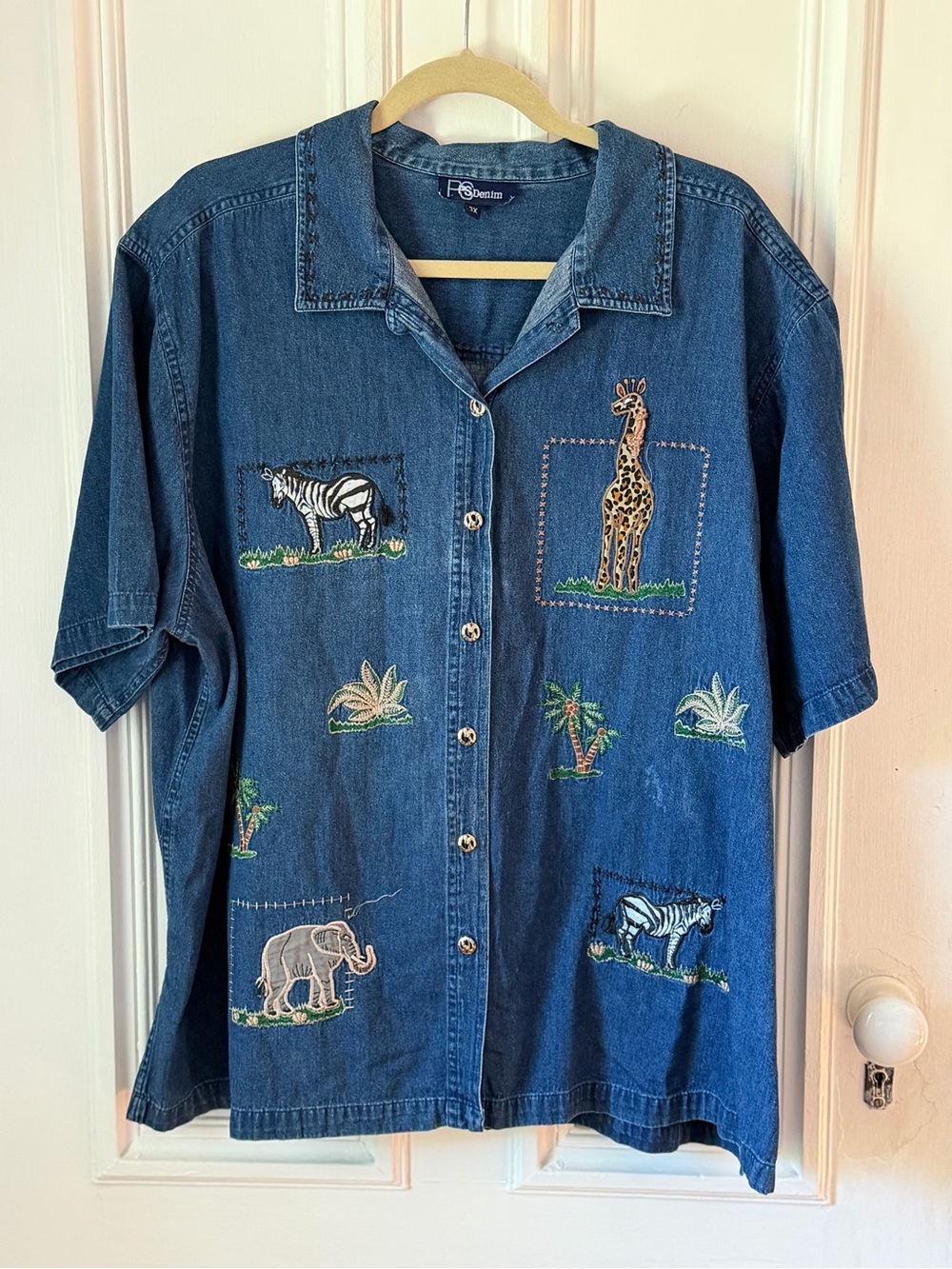 P.S. Denim Vintage Denim Short Sleeve Button Front Embroidered Safari Animal